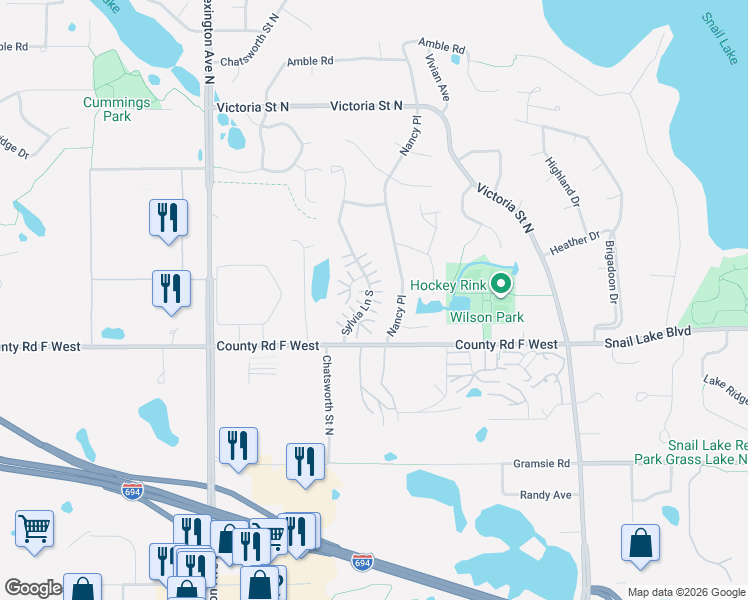 map of restaurants, bars, coffee shops, grocery stores, and more near 4123 Nancy Place in Shoreview