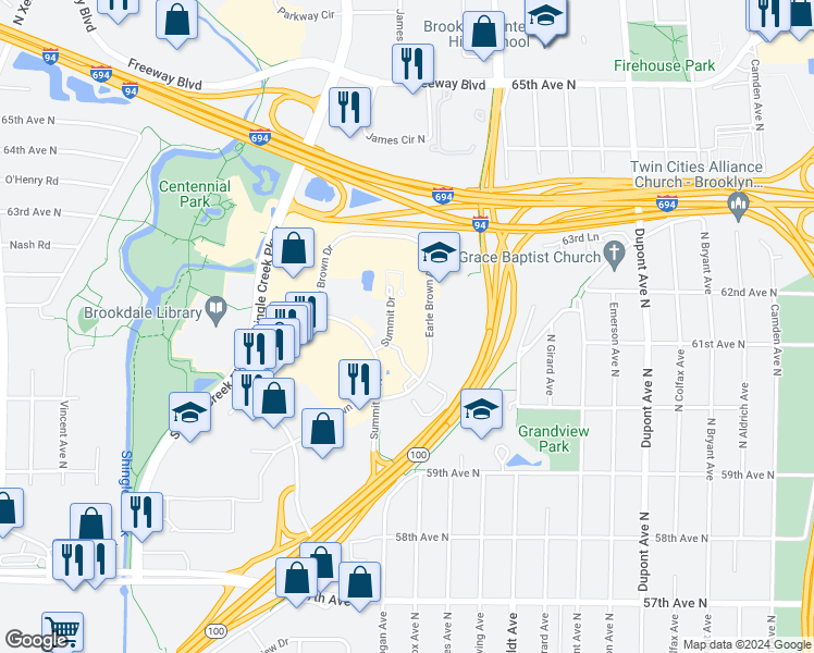 map of restaurants, bars, coffee shops, grocery stores, and more near 6100 Summit Drive North in Brooklyn Center
