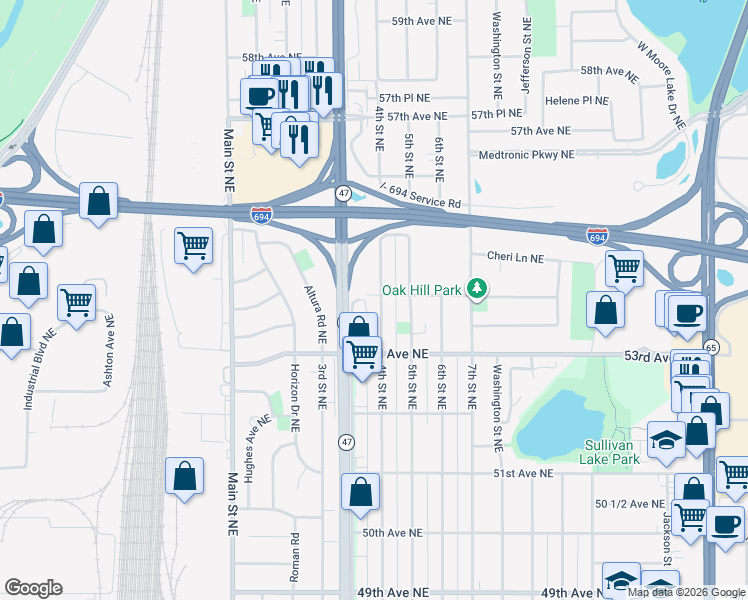 map of restaurants, bars, coffee shops, grocery stores, and more near 5380 4th Street Northeast in Fridley