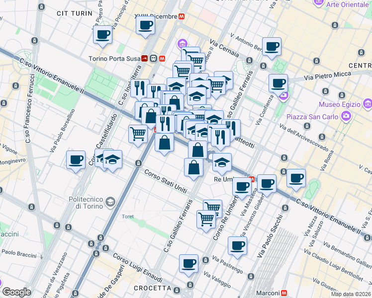 map of restaurants, bars, coffee shops, grocery stores, and more near 34 Via Magenta in Turin