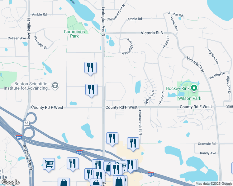 map of restaurants, bars, coffee shops, grocery stores, and more near 4130 Lexington Avenue North in Shoreview