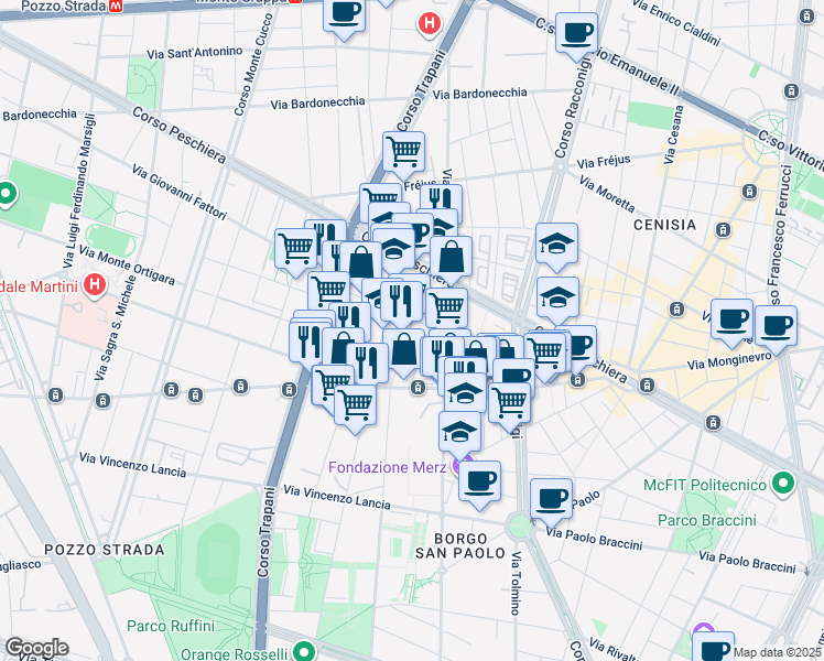map of restaurants, bars, coffee shops, grocery stores, and more near 19 b Via Issiglio in Torino