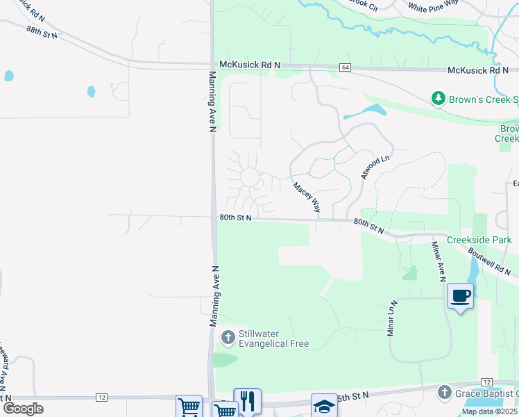 map of restaurants, bars, coffee shops, grocery stores, and more near 3823 Abercrombie Lane in Stillwater