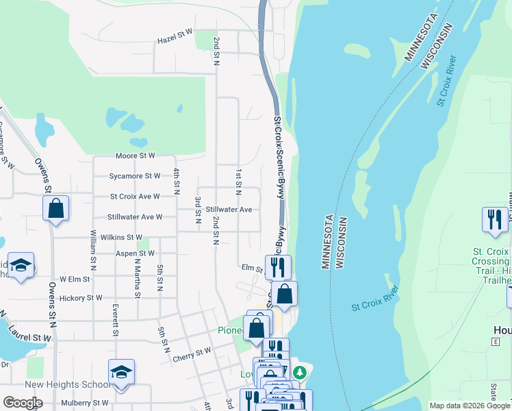 map of restaurants, bars, coffee shops, grocery stores, and more near 1204 Broadway Street North in Stillwater