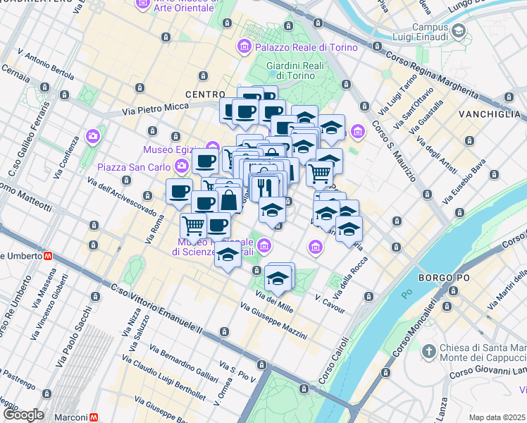 map of restaurants, bars, coffee shops, grocery stores, and more near 13d Via San Francesco da Paola in Torino