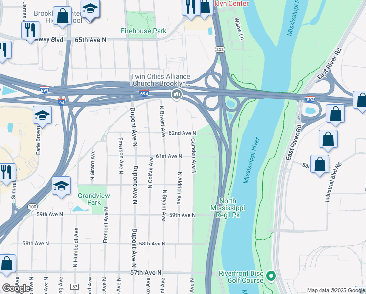 map of restaurants, bars, coffee shops, grocery stores, and more near 6106 North Aldrich Avenue in Minneapolis