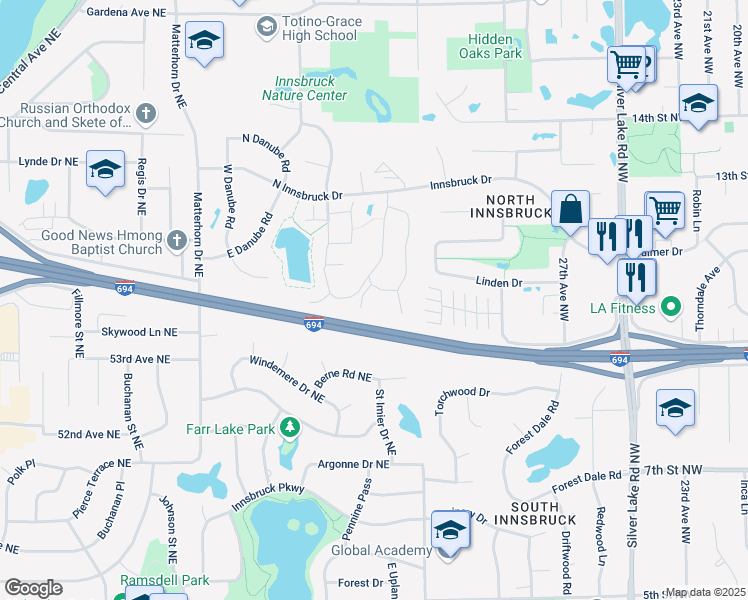 map of restaurants, bars, coffee shops, grocery stores, and more near 5407 West Brenner Pass in Fridley
