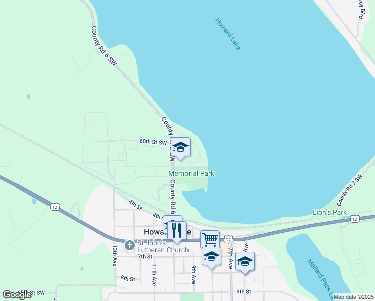 map of restaurants, bars, coffee shops, grocery stores, and more near 5912 County Road 6 Southwest in Howard Lake