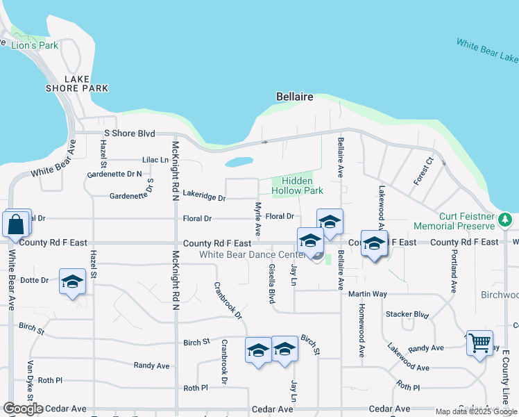map of restaurants, bars, coffee shops, grocery stores, and more near 130 Myrle Avenue in White Bear Lake