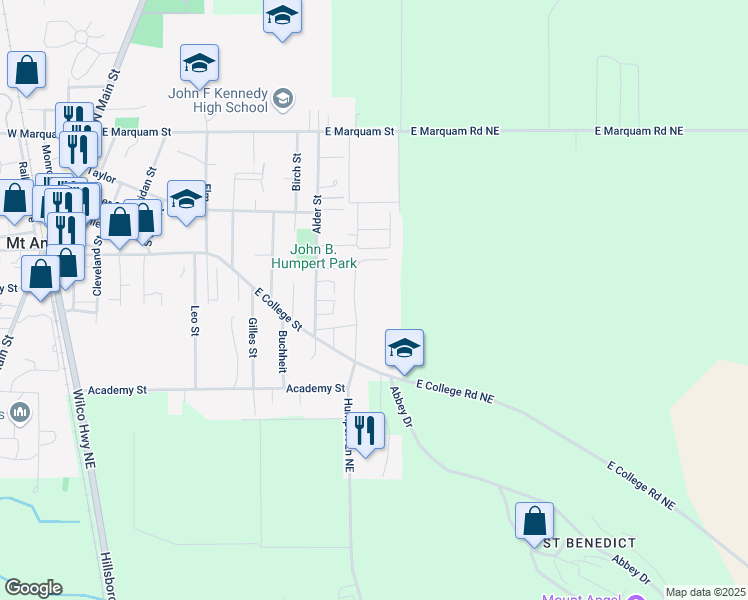 map of restaurants, bars, coffee shops, grocery stores, and more near 1 Towers Lane in Mount Angel