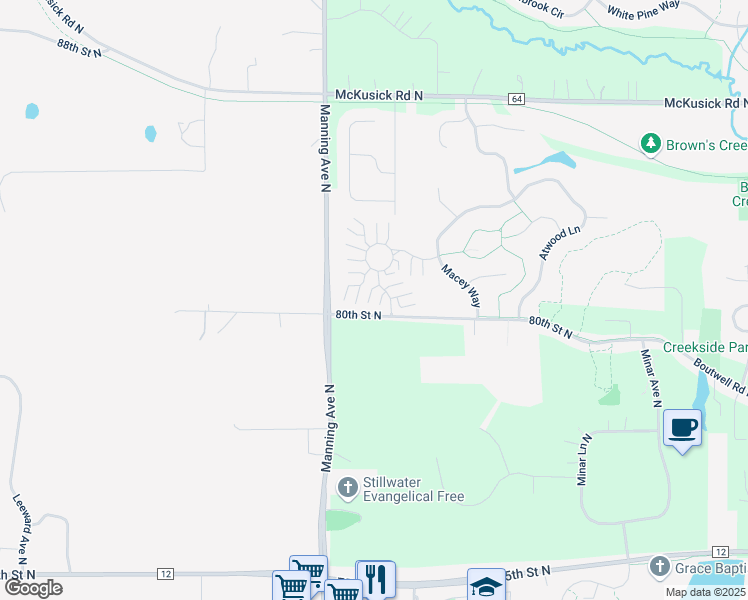 map of restaurants, bars, coffee shops, grocery stores, and more near 3823 Abercrombie Lane in Stillwater