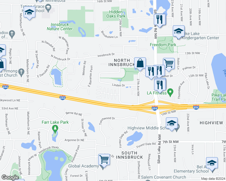map of restaurants, bars, coffee shops, grocery stores, and more near 1212 Pecks Woods Drive in New Brighton