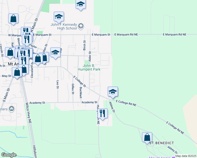 map of restaurants, bars, coffee shops, grocery stores, and more near 140 Towers Lane in Mount Angel