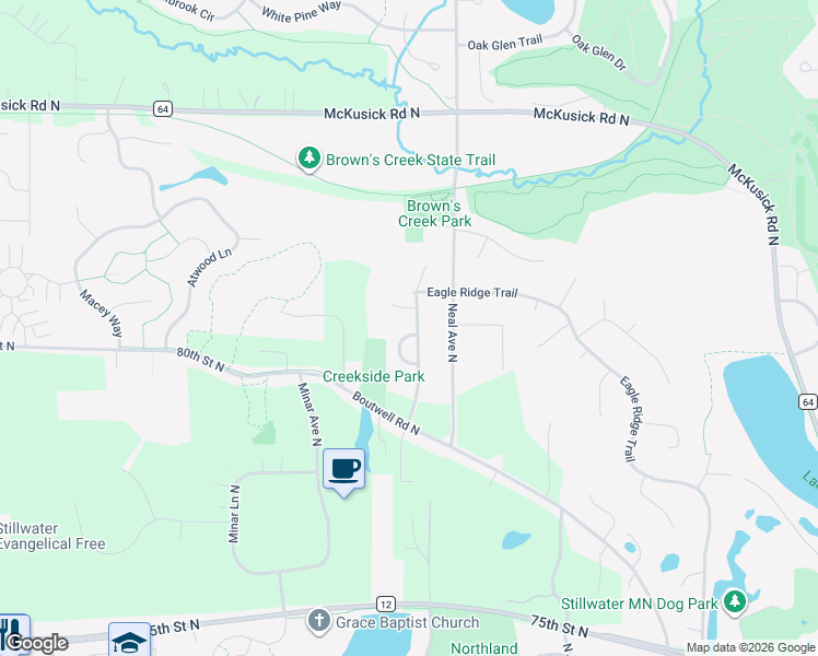 map of restaurants, bars, coffee shops, grocery stores, and more near 1134 Creekside Circle in Stillwater