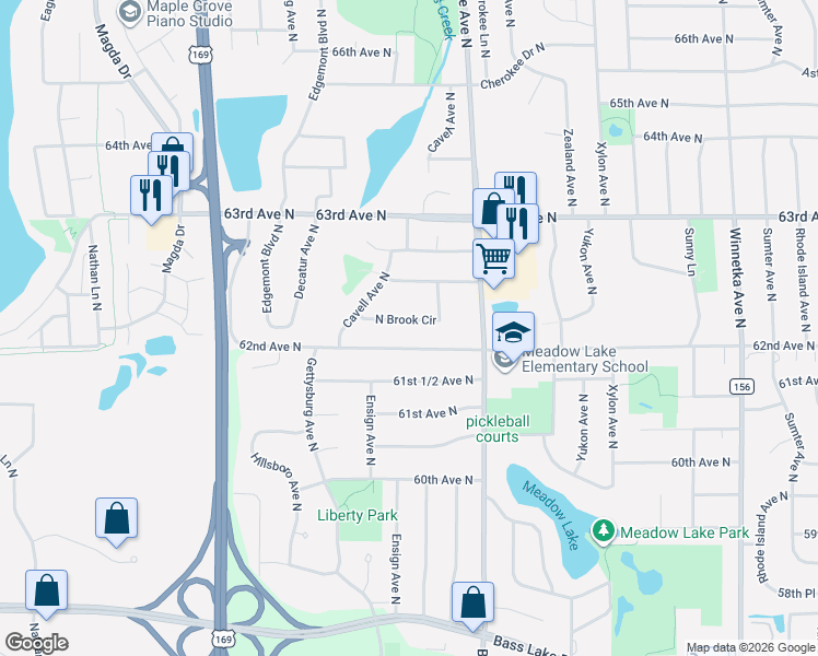 map of restaurants, bars, coffee shops, grocery stores, and more near 8808 62nd Avenue North in Minneapolis