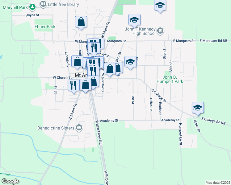 map of restaurants, bars, coffee shops, grocery stores, and more near 285 South Oak Street in Mount Angel