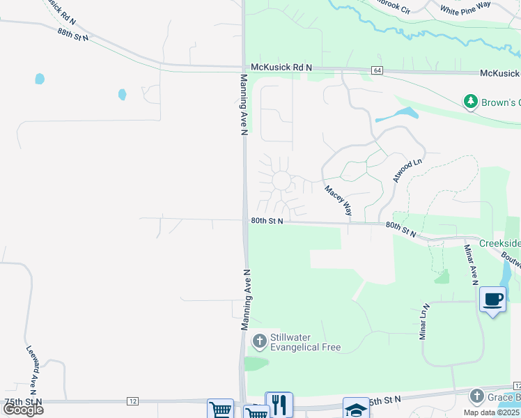 map of restaurants, bars, coffee shops, grocery stores, and more near 3800 Abercrombie Lane in Stillwater