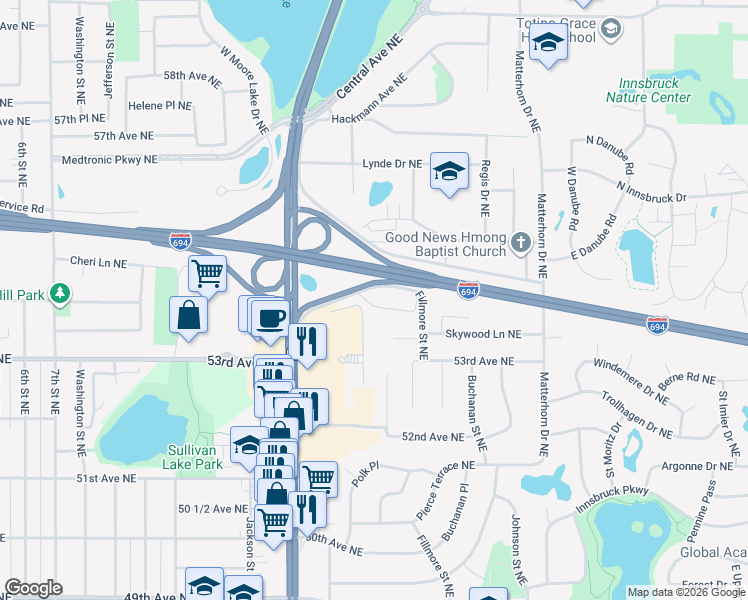 map of restaurants, bars, coffee shops, grocery stores, and more near 1200 Cheri Lane Northeast in Fridley