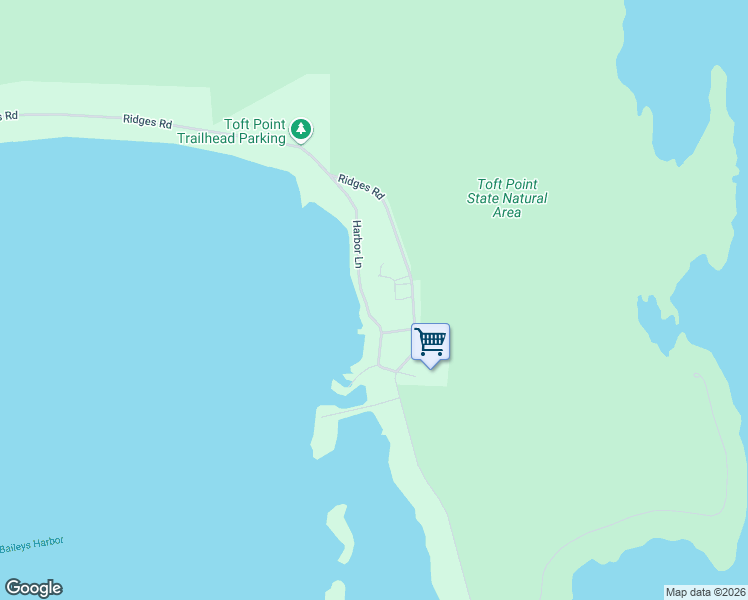 map of restaurants, bars, coffee shops, grocery stores, and more near 8155 Ridges Road in Baileys Harbor