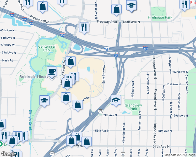 map of restaurants, bars, coffee shops, grocery stores, and more near 6100 Summit Drive North in Minneapolis