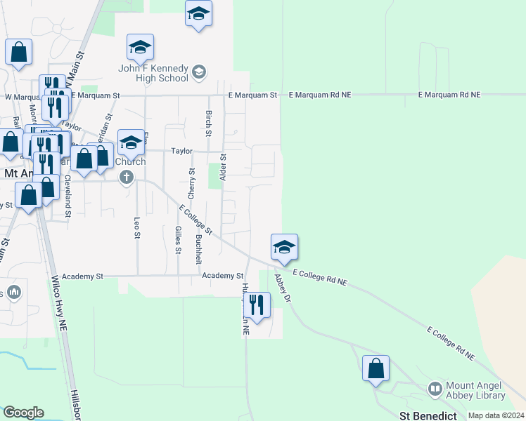 map of restaurants, bars, coffee shops, grocery stores, and more near 1 Towers Lane in Mount Angel