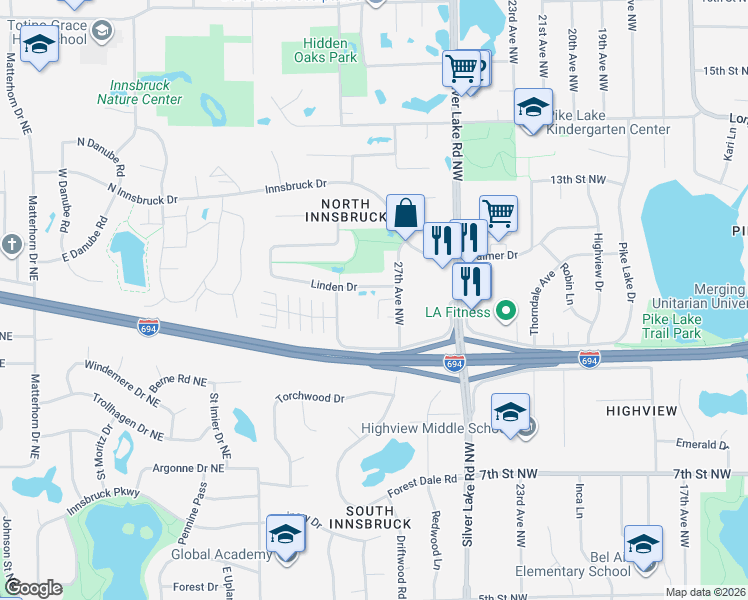 map of restaurants, bars, coffee shops, grocery stores, and more near 2746 Lindsey Court in New Brighton