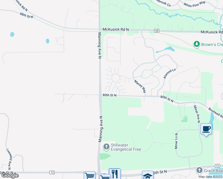 map of restaurants, bars, coffee shops, grocery stores, and more near 3800 Abercrombie Lane in Stillwater