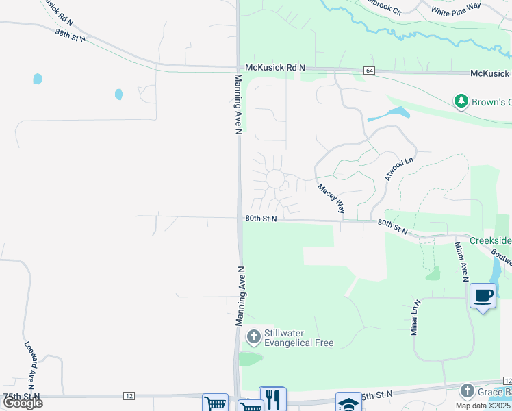 map of restaurants, bars, coffee shops, grocery stores, and more near 3800 Abercrombie Lane in Stillwater