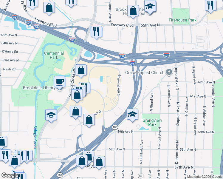 map of restaurants, bars, coffee shops, grocery stores, and more near 6100 Summit Drive North in Brooklyn Center