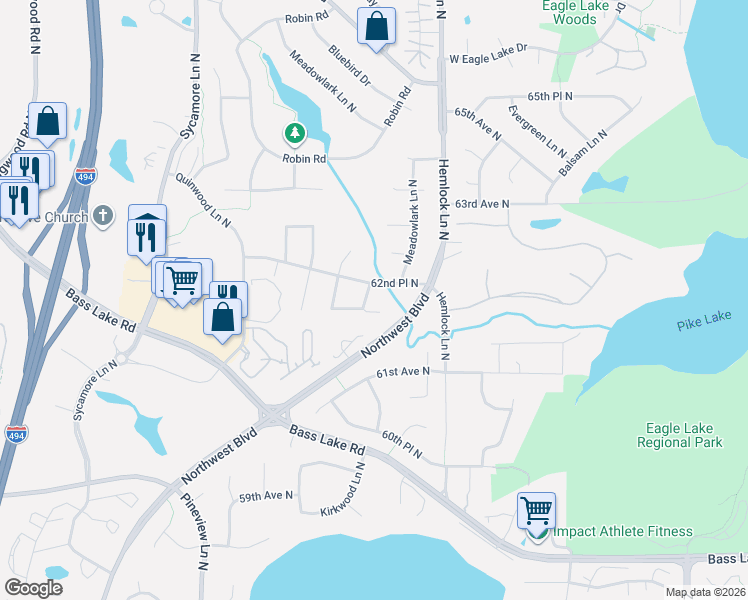 map of restaurants, bars, coffee shops, grocery stores, and more near 12130 62nd Avenue North in Maple Grove