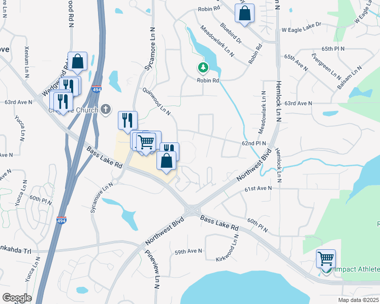 map of restaurants, bars, coffee shops, grocery stores, and more near 6207 Magnolia Lane North in Maple Grove