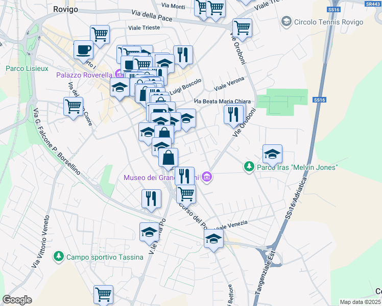 map of restaurants, bars, coffee shops, grocery stores, and more near Vicolo Tenani in Rovigo