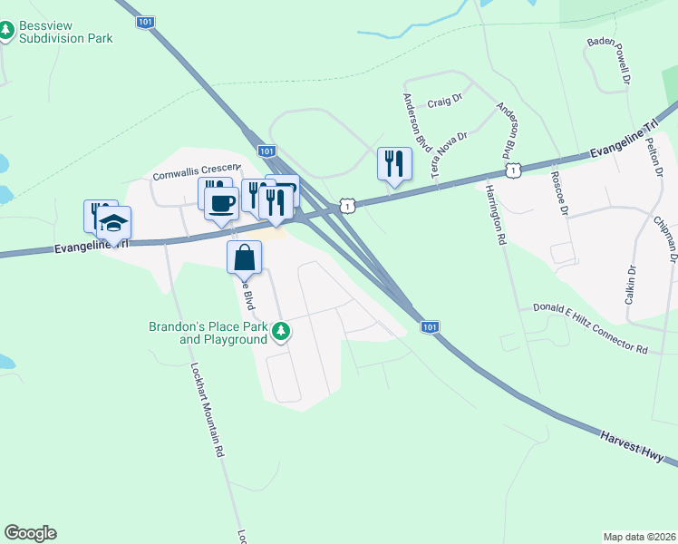 map of restaurants, bars, coffee shops, grocery stores, and more near 1552 Ashlee Drive in Coldbrook