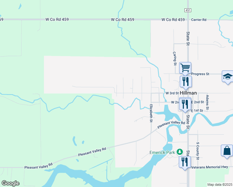 map of restaurants, bars, coffee shops, grocery stores, and more near 834 West 3rd Street in Hillman