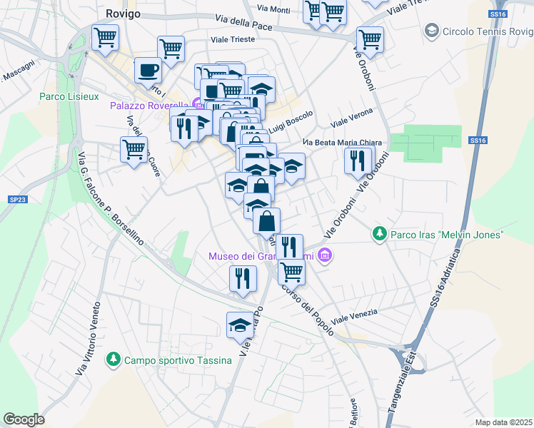 map of restaurants, bars, coffee shops, grocery stores, and more near Vicolo Tenani in Rovigo