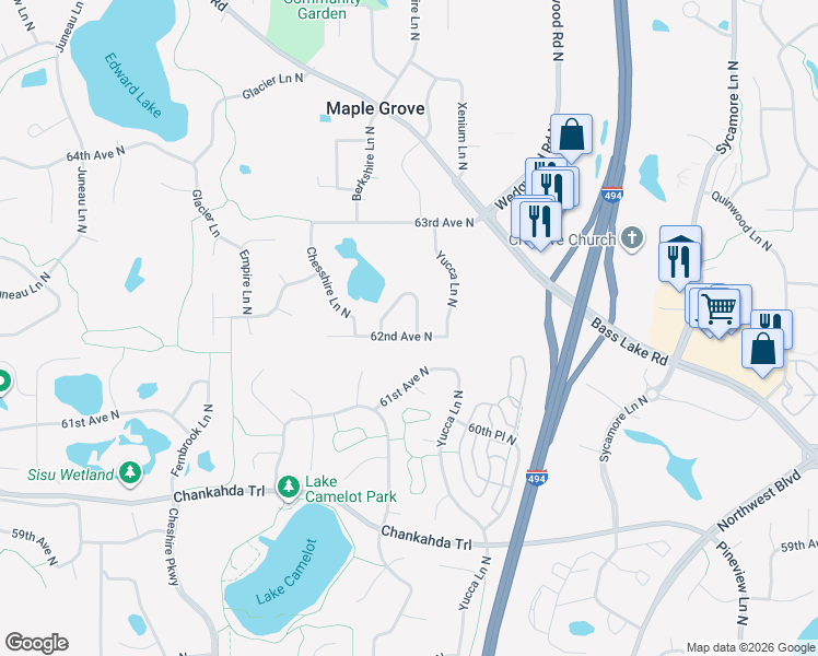 map of restaurants, bars, coffee shops, grocery stores, and more near 13733 62nd Avenue North in Osseo