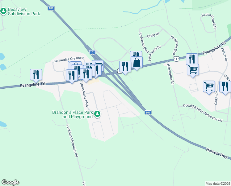 map of restaurants, bars, coffee shops, grocery stores, and more near 1552 Ashlee Drive in Coldbrook