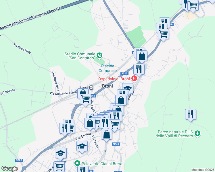 map of restaurants, bars, coffee shops, grocery stores, and more near in Broni
