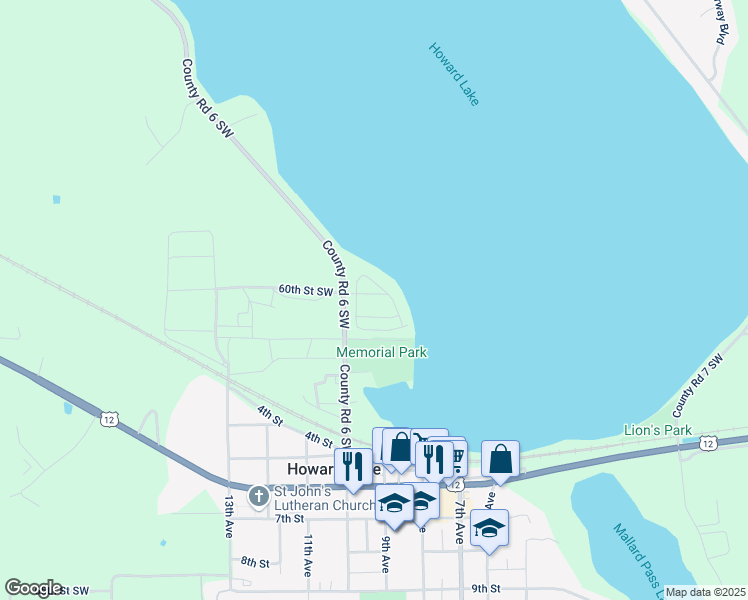 map of restaurants, bars, coffee shops, grocery stores, and more near 5912 County Road 6 Southwest in Howard Lake