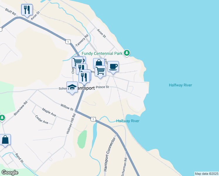 map of restaurants, bars, coffee shops, grocery stores, and more near 32 Prince Street in Hantsport