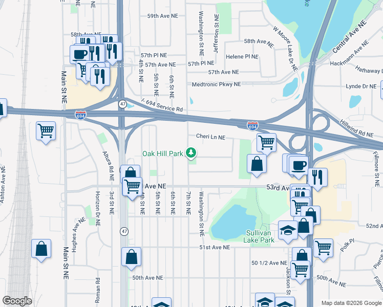 map of restaurants, bars, coffee shops, grocery stores, and more near 5390 7th Street Northeast in Fridley