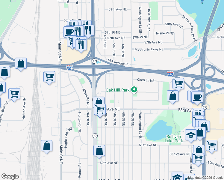 map of restaurants, bars, coffee shops, grocery stores, and more near 5370 5th Street Northeast in Fridley