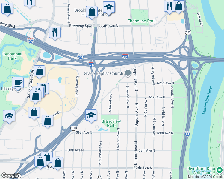 map of restaurants, bars, coffee shops, grocery stores, and more near 5910 Shingle Creek Parkway in Brooklyn Center