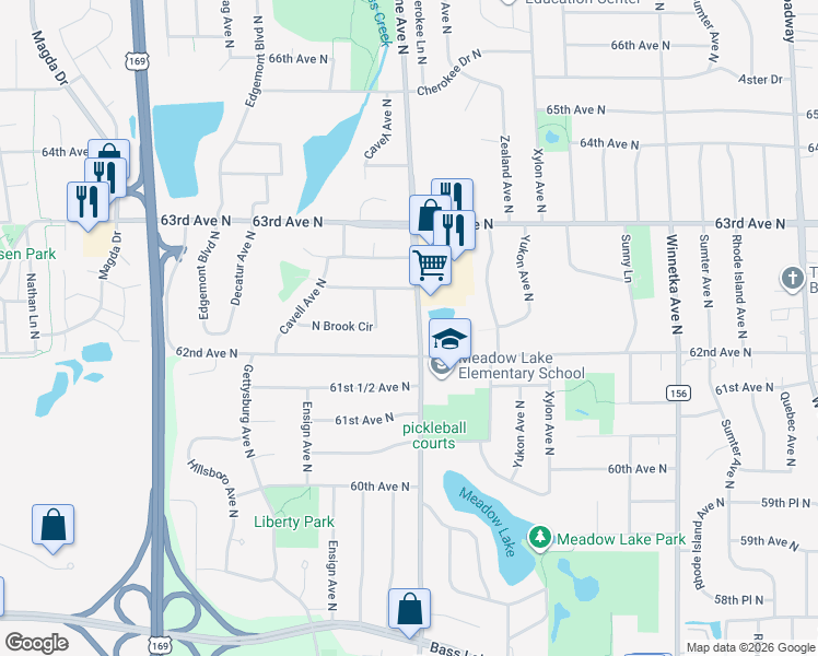 map of restaurants, bars, coffee shops, grocery stores, and more near 8716 62nd Avenue North in Brooklyn Park