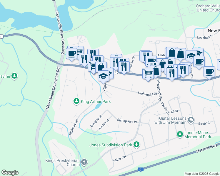 map of restaurants, bars, coffee shops, grocery stores, and more near 10 Highland Avenue in Kings County