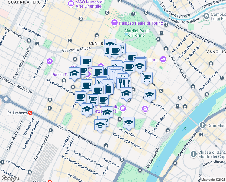 map of restaurants, bars, coffee shops, grocery stores, and more near 25 Via Giambattista Bogino in Turin