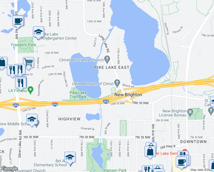 map of restaurants, bars, coffee shops, grocery stores, and more near 1108 Pike Lake Circle in New Brighton