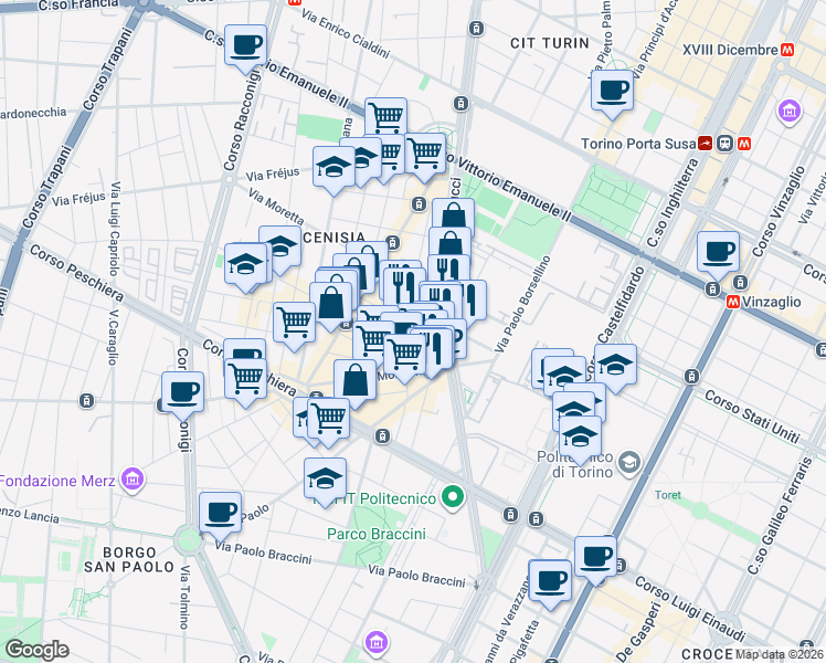 map of restaurants, bars, coffee shops, grocery stores, and more near 4 Via Vigone in Turin