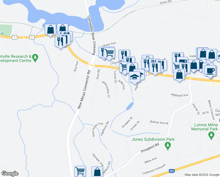 map of restaurants, bars, coffee shops, grocery stores, and more near 33 King Arthur Court in New Minas