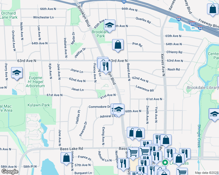 map of restaurants, bars, coffee shops, grocery stores, and more near 6121 Brooklyn Boulevard in Minneapolis